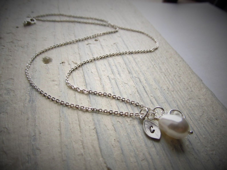 Teardrop Pearl Necklace With Initial and Crystal in Silver Etsy