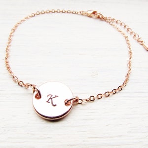 Rose Gold Bracelet Personalized with Initial, Adjustable Bracelets for Women, Custom Round Disc Coin Letter Charm, Jewelry Gifts Her Friends