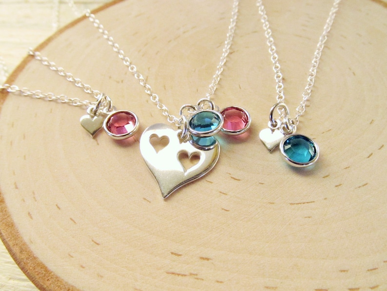 Mom and Daughters Personalized Sterling Silver Heart Necklace Set of 3 Mother Daughter Necklaces with Birthstones Mother Daughters Gift
