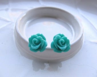 Turquoise Rose Earrings,Teal Flowers on Stainless Steel Posts, Stud Earrings, Rose Jewelry