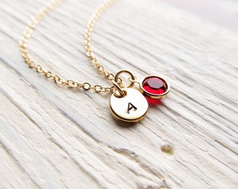 Hand Stamped Charm Necklace for January, Round Initial Pendant with Birthstone, Dainty Gold Necklace, Personalized Jewelry Gift, Red Garnet