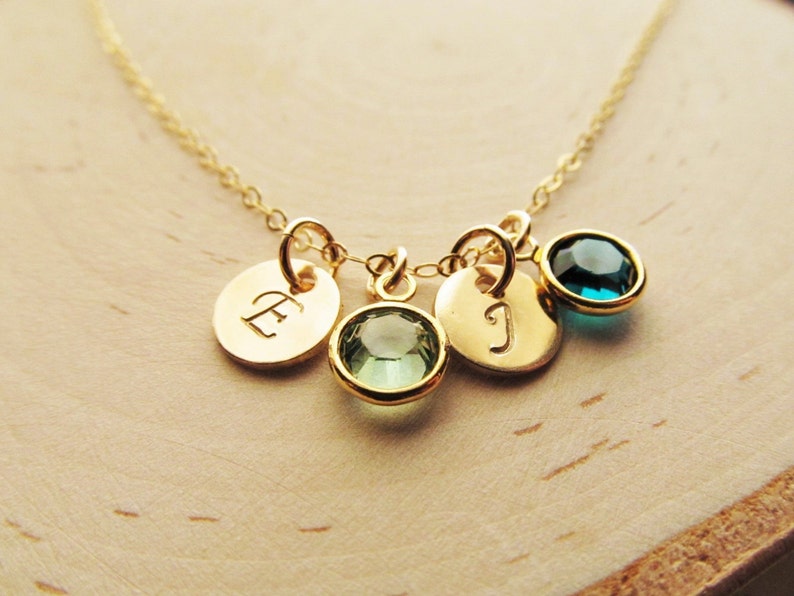 Mothers Birthstone Necklace, 14kt Gold Filled with Initial Charm, Personalized Mothers Jewelry, Birthstone Necklace for Mom, Gift for Mom image 1