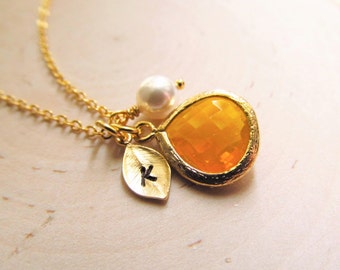 Citrine Necklace, Gold Leaf with Initial, Gold Birthstone Jewelry, Citrine Jewelry, November Birthday Gift, Birthstone November Jewelry