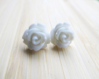 White Rose Earrings, Flowers on Stainless Steel Posts, Post Earrings, Rose Jewelry