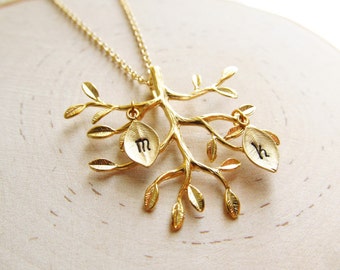 Gold Family Tree Necklace, Personalized Necklace with Initial Charms, Personalized Family Jewelry, Mother Necklace, Gold Mom Necklace