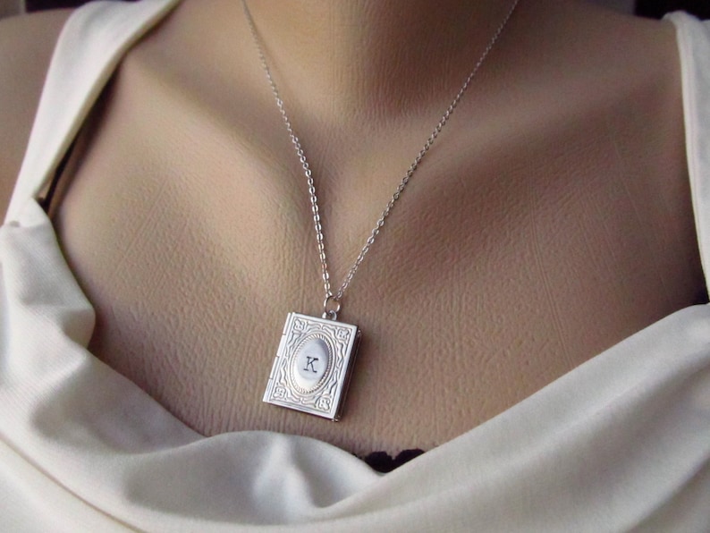 Book Lover Gift, Personalized Silver Locket Necklace with Initial, Miniature Book Necklace, Gift for Graduation or Book Club, Graduate image 5