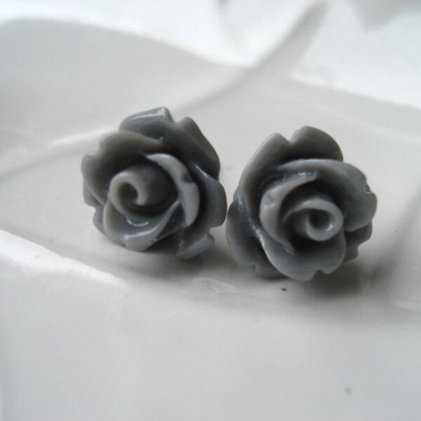 Gray Rose Earrings, Dove Grey Flowers on Stainless Steel Posts, Stud Earrings, Flower Post Earrings, Petite Studs for Her, Women, Girls