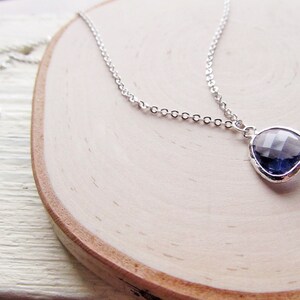 May include: A silver chain necklace with a teardrop-shaped pendant featuring a dark blue gemstone.