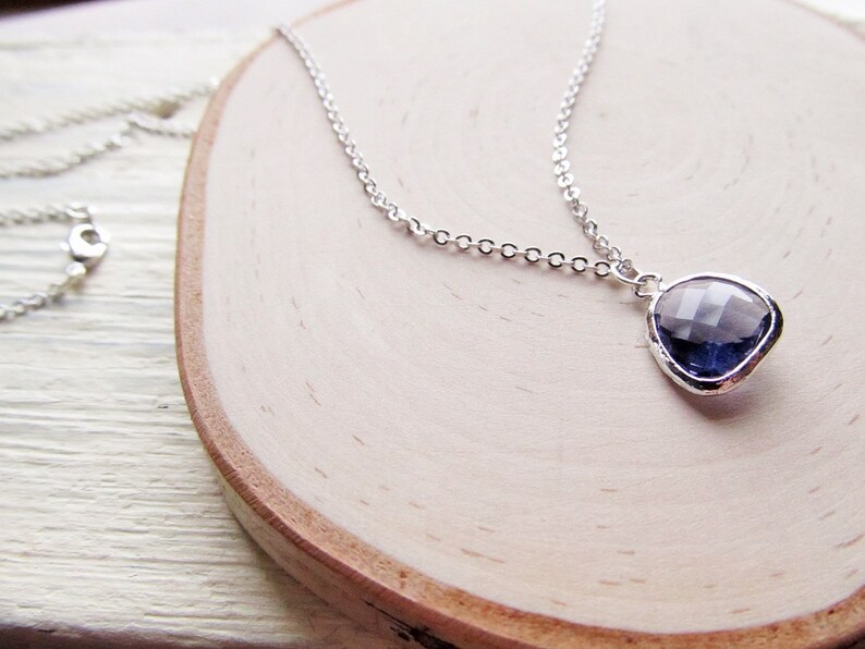 May include: A silver chain necklace with a teardrop-shaped pendant featuring a dark blue gemstone.