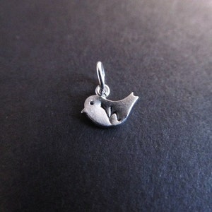 May include: A silver charm in the shape of a bird. The bird is facing right and has a small, round eye. The charm has a loop at the top for attaching to a bracelet or necklace.