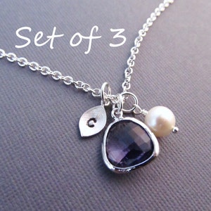 Set of 3 Bridesmaids Necklaces , Silver Leaf with Initial, Jewel, and Pearl, Bridesmaid Gift, Birthstone Necklace, Bridal Jewelry