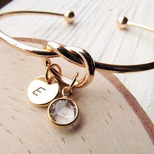 Gold Knot Bracelet, Women&#39;s Personalized Bangle with Initial and Birthstone Charms, Birth Stone Jewelry Gift for Woman, Her, Girlfriend