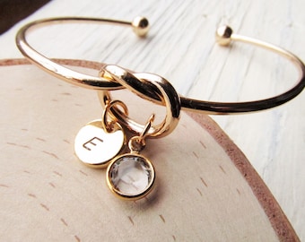 Gold Knot Bracelet, Women's Personalized Bangle with Initial and Birthstone Charms, Birth Stone Jewelry Gift for Woman, Her, Girlfriend