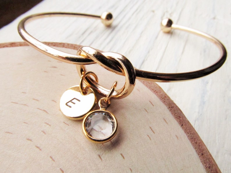 Gold Knot Bracelet, Women's Personalized Bangle with Initial and Birthstone Charms, Birth Stone Jewelry Gift for Woman, Her, Girlfriend image 1