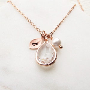 Rose Gold April Birthstone Necklace, Personalized Crystal Jewelry with Initial Birthstone Pearl Charm, Custom April Birthday Gifts for Her image 3