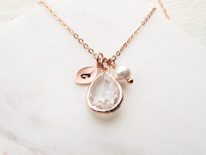 Rose Gold April Birthstone Necklace, Personalized Crystal Jewelry with Initial Birthstone Pearl Charm, Custom April Birthday Gifts for Her image 3