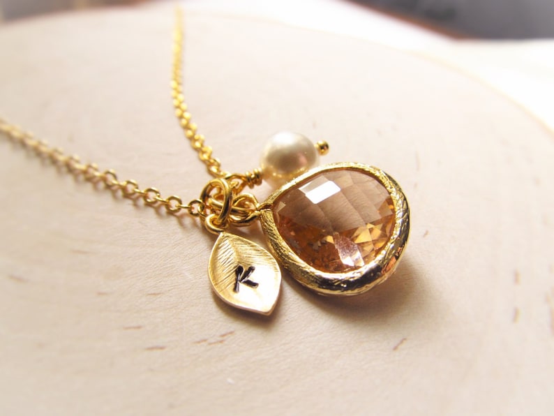 November Birthstone Necklace, Topaz Necklace, Gold Leaf with Initial Jewel and Pearl, Gold Birthstone Jewelry, November Birthday Gift 画像 1