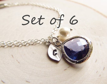 Bridesmaid Gift Set of 6, Sterling Silver with Initial Charm, Birthstone, and Pearl, Birthstone Initial Bracelet,  Bridal Party Jewelry