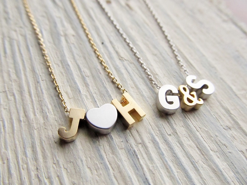 Personalized Couples Jewelry for Valentines Day or Anniversary Two Initial Necklace with Heart or Ampersand Gold or Silver Letter Necklace
