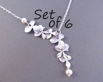 Pearl Bridesmaid Necklace Set of 6, Silver Orchid Flowers with Pearls, Bridal Party Jewelry, Wedding Jewelry, Lariat Style Necklace