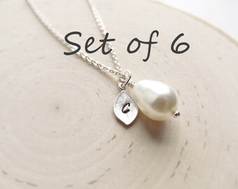 Silver Initial and Pearl Necklace Set of 6, Six Necklaces Personalized for Bridesmaids, Bulk Discount Gifts for Bridal Party Sisters Friends