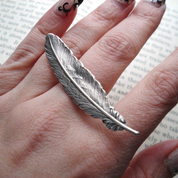 Feather Ring -- Silver Double Finger Statement Ring -- Quill