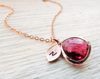 Rose Gold Ruby Necklace, July Birthday Gifts for Her, Personalized Birthstone Jewelry with Leaf Initial Charm, Custom Gift Idea, Birth Stone