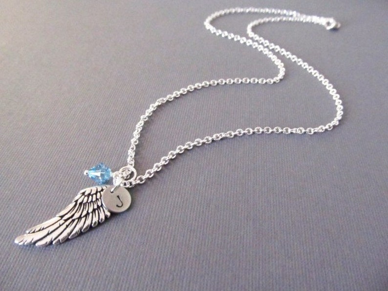 Personalized Angel Wing Necklace with Birthstone and Initial Charms, Angel Baby Remembrance Memorial Guardian Angel Graduation Jewelry Gift image 2