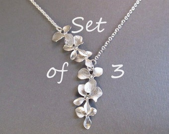 Bridesmaid Necklace Set of 3, Flower Necklace, Silver Orchid Lariat, Wedding Jewelry, Bridal Jewelry, Bridesmaids Gift, Spring Wedding