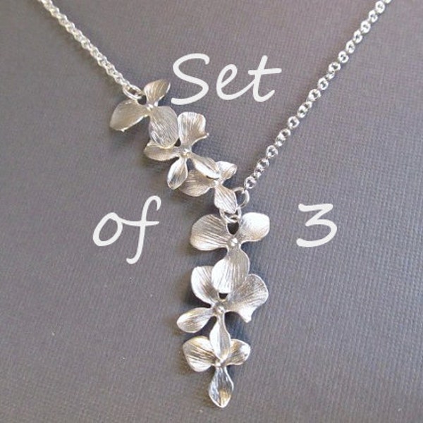 Bridesmaid Necklace Set of 3, Flower Necklace, Silver Orchid Lariat, Wedding Jewelry, Bridal Jewelry, Bridesmaids Gift, Spring Wedding