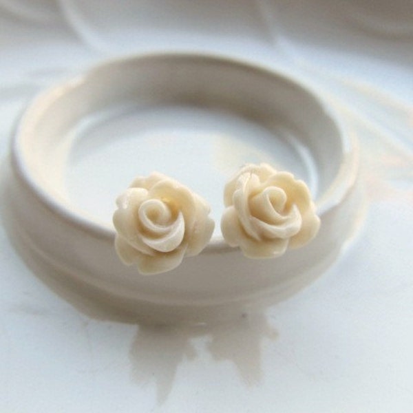 Cream Rose Earrings, Off White Flowers on Stainless Steel Posts, Stud Earrings, Petite Rose Jewelry, Dainty Studs, Pierced Ear Posts