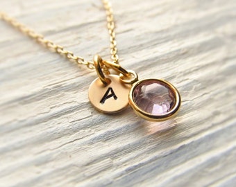 Tiny Initial Necklace with Birthstone, Gold Personalized Necklace, Birthstone Necklace, Minimal Jewelry, New Baby Necklace, Push Present