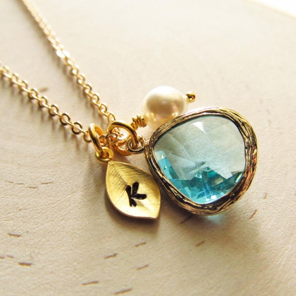 Birthstone Necklace, Custom Color, Gold Leaf Initial, Jewel, Pearl, Gold Birthstone Jewelry, Birthday Jewelry Gift, Personalized Birthstone