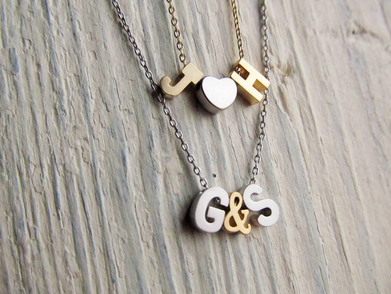 Personalized Couples Jewelry for Valentines Day or Anniversary Two Initial Necklace with Heart or Ampersand Gold or Silver Letter Necklace