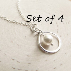 Bridesmaid Necklace Gift Set of 4, Silver Infinity Necklace, Solid Sterling Silver with Pearl, Pearl Bridesmaid Necklace, You Choose Color