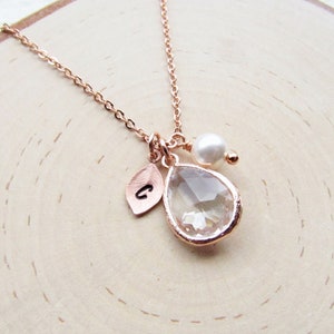 Rose Gold April Birthstone Necklace, Personalized Crystal Jewelry with Initial Birthstone Pearl Charm, Custom April Birthday Gifts for Her image 2