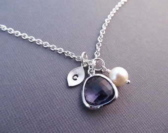 Amethyst Necklace, Silver February Birthstone Necklace, Leaf with Initial, Jewel, and Pearl, Personalized Necklace, February Birthday Gift