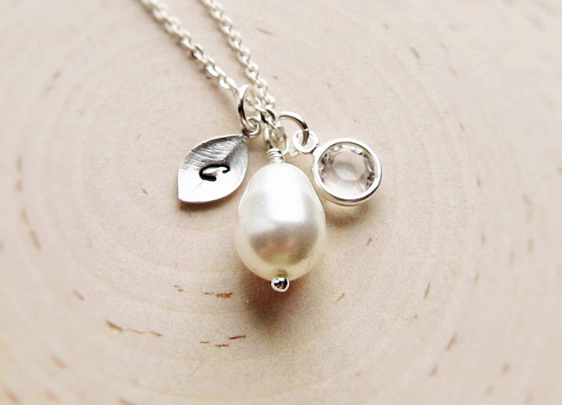 Teardrop Pearl Necklace With Initial and Crystal in Silver Etsy