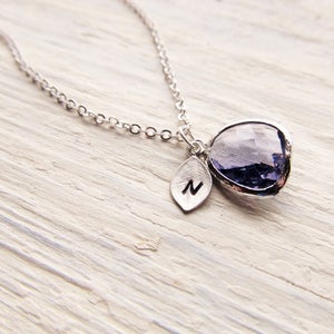 Silver Amethyst Necklace, February Birthstone Initial Charm Necklace, Personalized Birthstone Jewelry for February, Birthday Gift for Her