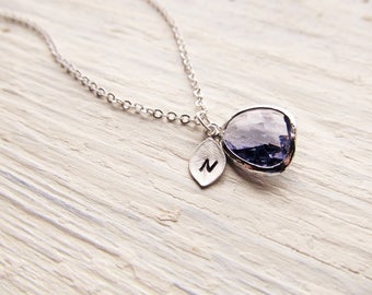 Silver Amethyst Necklace, February Birthstone Initial Charm Necklace, Personalized Birthstone Jewelry for February, Birthday Gift for Her
