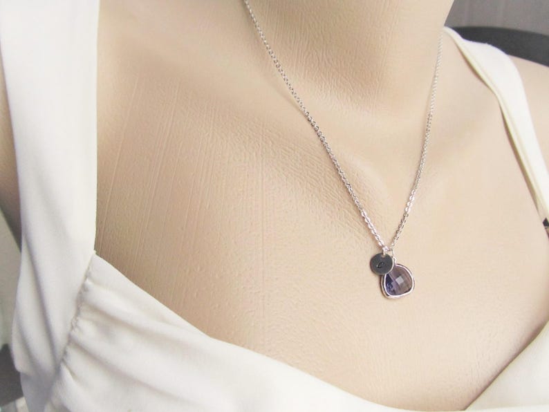 Amethyst Pendant with Initial, Silver Amethyst Necklace, February Birthstone Gift for Her, Personalized February Birthday Jewelry, Purple image 6