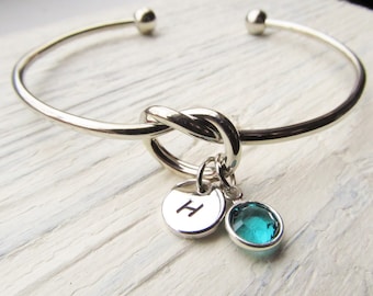 Personalized Knot Bracelet, Silver Bangle with Disc Initial and Birthstone, Memorial Jewelry for Miscarriage, Loss of Child, Angel Baby