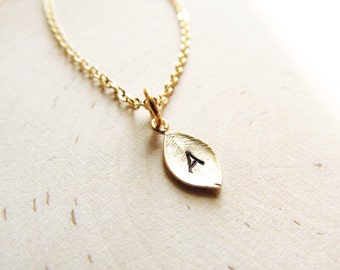 Gold Initial Necklace, Tiny Leaf with Hand Stamped Letter, Personalized Minimal Jewelry Gift for Girls, Her, Women, Simple Dainty Necklaces