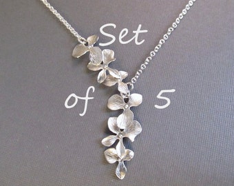 Bridesmaid Necklace Set of 5, Flower Necklace, Silver Orchid Lariat, Wedding Jewelry, Bridal Jewelry, Bridesmaids Gift, Spring Wedding