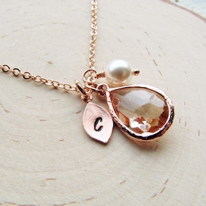 Topaz Necklace, Rose Gold November Birthstone Jewelry with Leaf Initial Pearl, Rosegold Personalized Necklace, Birthday Gift Ideas for Women