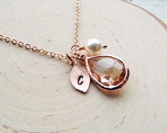 Topaz Necklace, Rose Gold November Birthstone Jewelry with Leaf Initial Pearl, Rosegold Personalized Necklace, Birthday Gift Ideas for Women