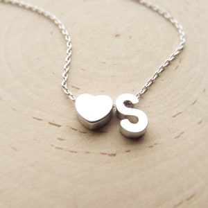 Silver Initial Necklace with Heart Charm, Personalized Letter Necklaces for Her, Petite Dainty Jewelry, Custom Birthday Gift for Girls Women
