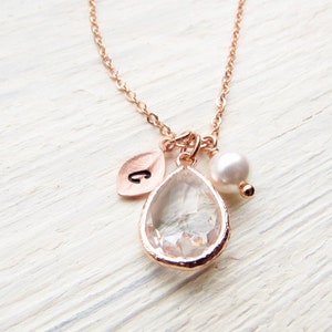 Rose Gold April Birthstone Necklace, Personalized Crystal Jewelry with Initial Birthstone Pearl Charm, Custom April Birthday Gifts for Her image 4