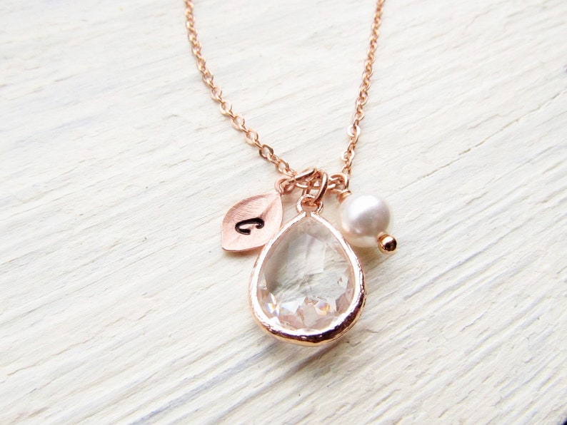 Rose Gold April Birthstone Necklace, Personalized Crystal Jewelry with Initial Birthstone Pearl Charm, Custom April Birthday Gifts for Her image 4