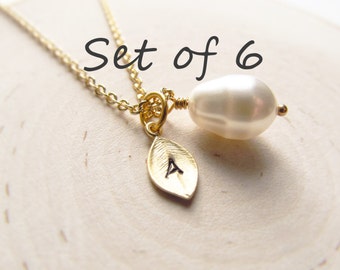 Pearl Bridesmaid Necklace Set of 6, Gold Personalized Teardrop Necklace with Initial Charm, Bridal Party Wedding Jewelry, White Ivory Cream